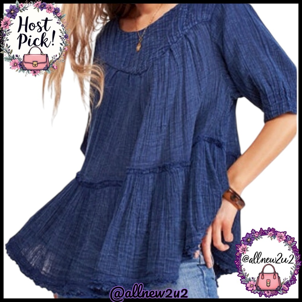 Free People Denim Distressed Blue Smocked Mini Tiered Babydoll Dress Tunic